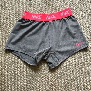 Girl’s Nike Shorts Dark Grey/ Light Grey stripe w/ Coral Waistband 6x